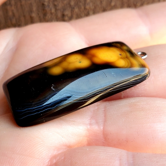 New Yellow Black Fire Agate Oblong Pendant. - Picture 13 of 16